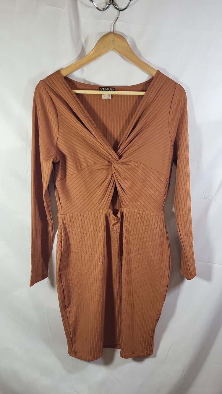 Venus Ribbed Long Sleeve Twist Front Cut-Out Mini Dress in Rust, M